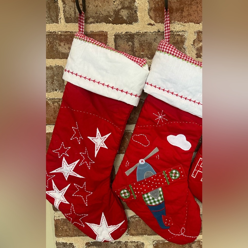 Bundle of 2 New Richi&Ricki Red Quilted Christmas Stockings: airplane+star